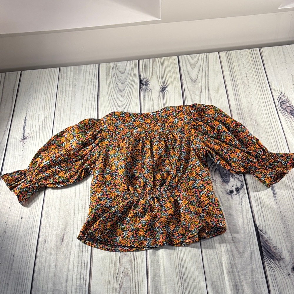 Free People Black Floral Button-Front Blouse with Orange & Pink Flowers - Picture 12 of 13